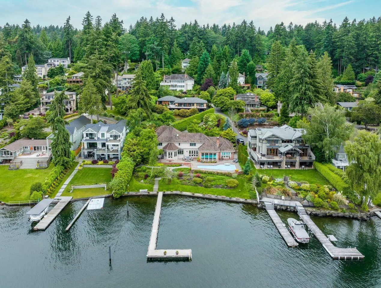 Aerial view of a waterfront home in our care on Mercer Island